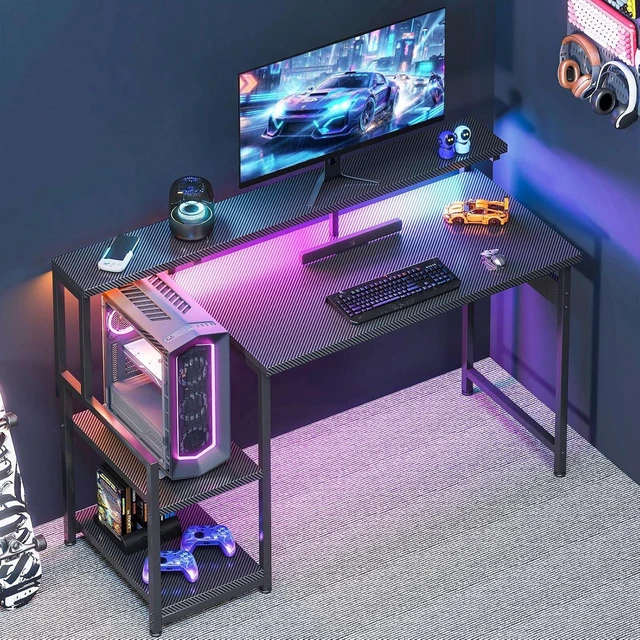 Alt view image 5 of 7 - 48 Inch Gaming Desk with LED Lights & CPU Stand, Computer Desk with Storage Shelves, Reversible Desk with Monitor Stand, Carbon Fiber Black