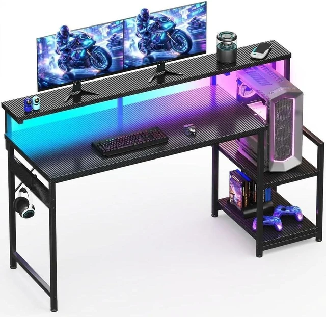 Main image of 55 Inch Gaming Desk with LED Lights & CPU Stand, Computer Desk with Storage Shelves, Reversible Desk with Monitor Stand, Carbon Fiber Black
