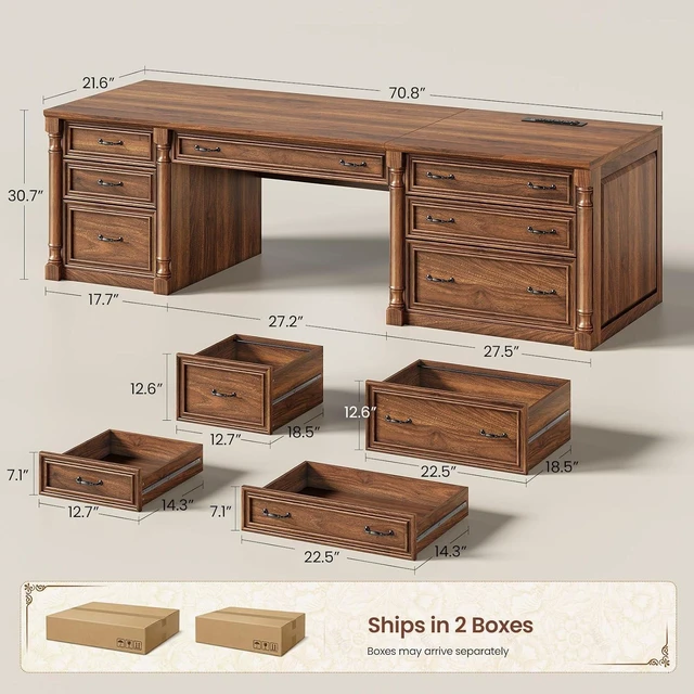 Alt view image 2 of 7 - 70.8" Executive Office Desk with 7 Storage Drawers & Charging Station, Wood Large Computer Desk with 2 File Drawers, Writing Desk Study Table, Brown