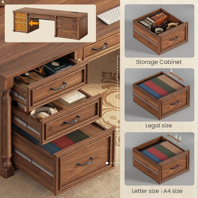 Alt view image 7 of 7 - 70.8" Executive Office Desk with 7 Storage Drawers & Charging Station, Wood Large Computer Desk with 2 File Drawers, Writing Desk Study Table, Brown