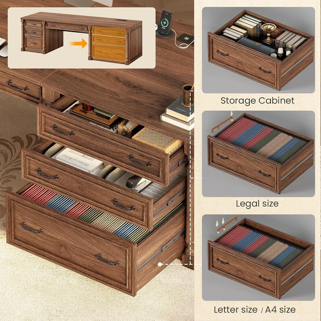 Alt view image 3 of 7 - 70.8" Executive Office Desk with 7 Storage Drawers & Charging Station, Wood Large Computer Desk with 2 File Drawers, Writing Desk Study Table, Brown