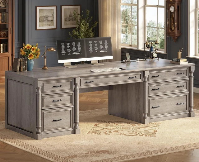 Main image of 70.8" Executive Office Desk with 7 Storage Drawers & Charging Station, Wood Large Computer Desk with 2 File Drawers, Writing Desk Study Table, Grey