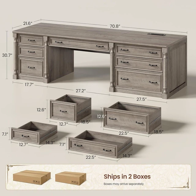 Alt view image 2 of 7 - 70.8" Executive Office Desk with 7 Storage Drawers & Charging Station, Wood Large Computer Desk with 2 File Drawers, Writing Desk Study Table, Grey