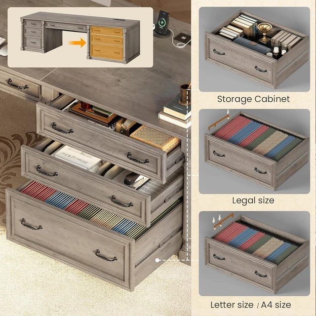 Alt view image 7 of 7 - 70.8" Executive Office Desk with 7 Storage Drawers & Charging Station, Wood Large Computer Desk with 2 File Drawers, Writing Desk Study Table, Grey