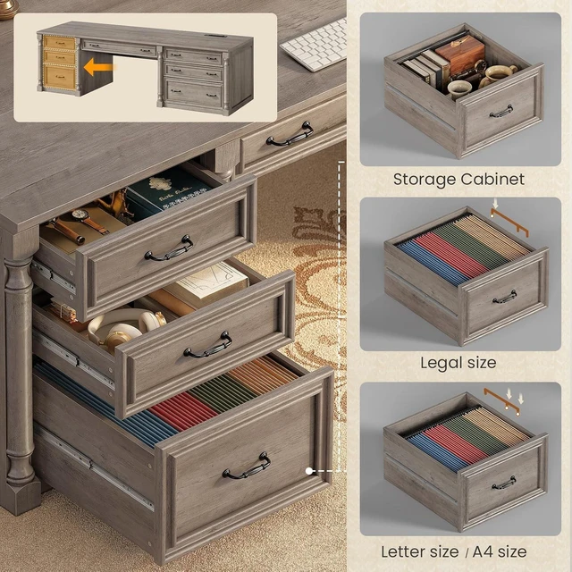 Alt view image 3 of 7 - 70.8" Executive Office Desk with 7 Storage Drawers & Charging Station, Wood Large Computer Desk with 2 File Drawers, Writing Desk Study Table, Grey