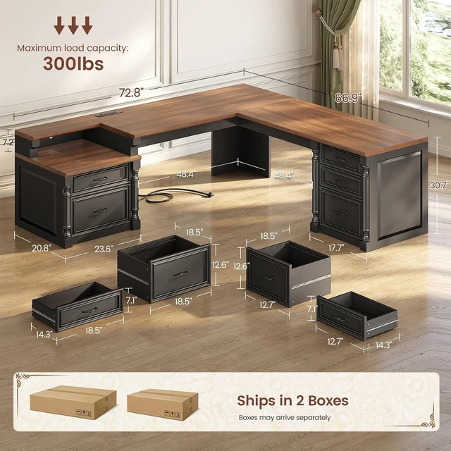 Alt view image 2 of 7 - 72.8" Large L Shaped Executive Desk with 5 Storage Drawers & Charging Station, Home Office Computer Desk with 2 File Drawers and Printer Shelf, Corner Writing Desk Study Table, Black
