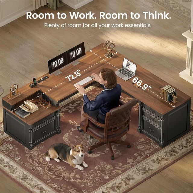 Alt view image 4 of 7 - 72.8" Large L Shaped Executive Desk with 5 Storage Drawers & Charging Station, Home Office Computer Desk with 2 File Drawers and Printer Shelf, Corner Writing Desk Study Table, Black