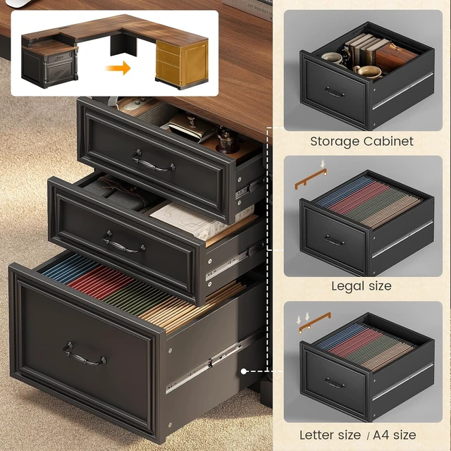 Alt view image 3 of 7 - 72.8" Large L Shaped Executive Desk with 5 Storage Drawers & Charging Station, Home Office Computer Desk with 2 File Drawers and Printer Shelf, Corner Writing Desk Study Table, Black