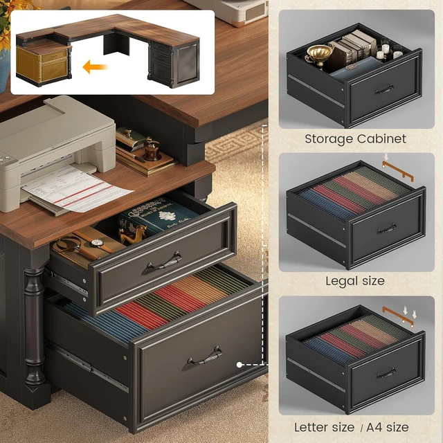 Alt view image 6 of 7 - 72.8" Large L Shaped Executive Desk with 5 Storage Drawers & Charging Station, Home Office Computer Desk with 2 File Drawers and Printer Shelf, Corner Writing Desk Study Table, Black