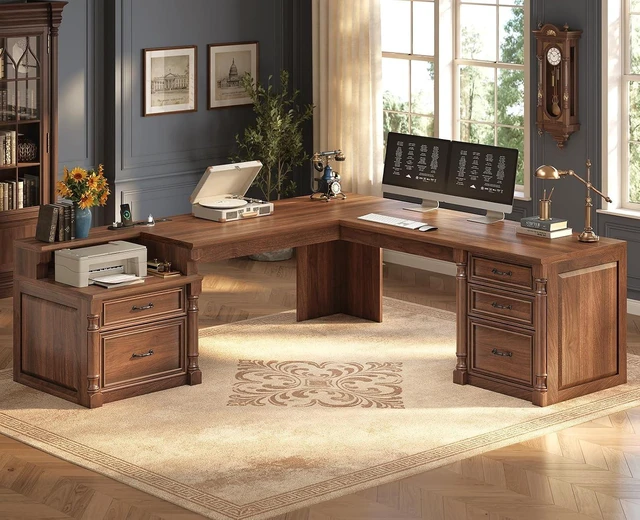 Main image of 72.8" Large L Shaped Executive Desk with 5 Storage Drawers & Charging Station, Home Office Computer Desk with 2 File Drawers and Printer Shelf, Corner Writing Desk Study Table, Brown
