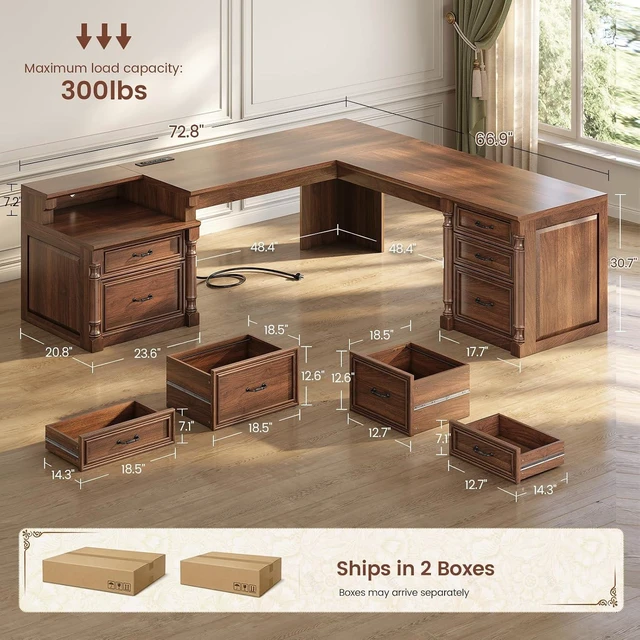 Alt view image 2 of 7 - 72.8" Large L Shaped Executive Desk with 5 Storage Drawers & Charging Station, Home Office Computer Desk with 2 File Drawers and Printer Shelf, Corner Writing Desk Study Table, Brown