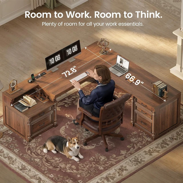 Alt view image 7 of 7 - 72.8" Large L Shaped Executive Desk with 5 Storage Drawers & Charging Station, Home Office Computer Desk with 2 File Drawers and Printer Shelf, Corner Writing Desk Study Table, Brown