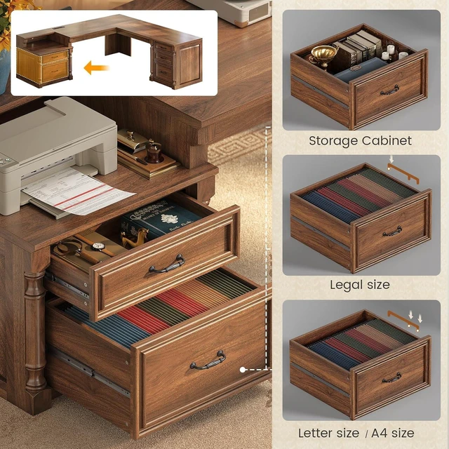 Alt view image 5 of 7 - 72.8" Large L Shaped Executive Desk with 5 Storage Drawers & Charging Station, Home Office Computer Desk with 2 File Drawers and Printer Shelf, Corner Writing Desk Study Table, Brown