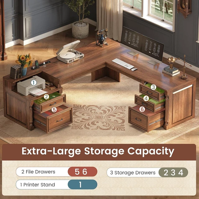 Alt view image 3 of 7 - 72.8" Large L Shaped Executive Desk with 5 Storage Drawers & Charging Station, Home Office Computer Desk with 2 File Drawers and Printer Shelf, Corner Writing Desk Study Table, Brown