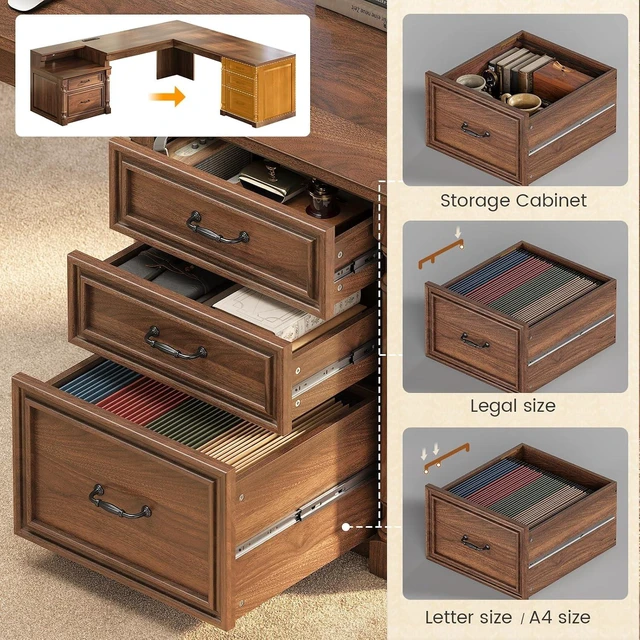 Alt view image 4 of 7 - 72.8" Large L Shaped Executive Desk with 5 Storage Drawers & Charging Station, Home Office Computer Desk with 2 File Drawers and Printer Shelf, Corner Writing Desk Study Table, Brown
