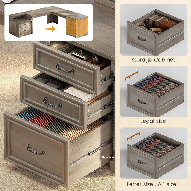Alt view image 4 of 7 - 72.8" Large L Shaped Executive Desk with 5 Storage Drawers & Charging Station, Home Office Computer Desk with 2 File Drawers and Printer Shelf, Corner Writing Desk Study Table, Grey