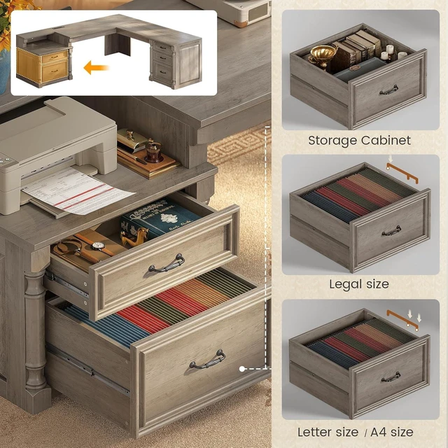 Alt view image 7 of 7 - 72.8" Large L Shaped Executive Desk with 5 Storage Drawers & Charging Station, Home Office Computer Desk with 2 File Drawers and Printer Shelf, Corner Writing Desk Study Table, Grey