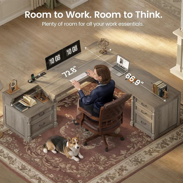 Alt view image 5 of 7 - 72.8" Large L Shaped Executive Desk with 5 Storage Drawers & Charging Station, Home Office Computer Desk with 2 File Drawers and Printer Shelf, Corner Writing Desk Study Table, Grey
