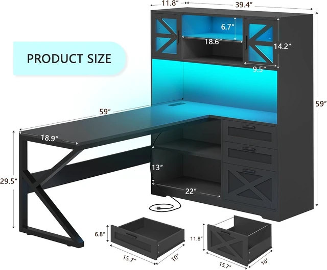 Alt view image 2 of 7 - 59" L Shaped Gaming Desk with Drawers, Outlet, LED Lights for Home Office, Corner Computer Desk with Storage Shelves, Bookshelf and Glass Cabinet for Home Office & Gaming, Black