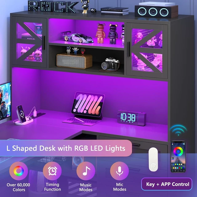 Alt view image 3 of 7 - 59" L Shaped Gaming Desk with Drawers, Outlet, LED Lights for Home Office, Corner Computer Desk with Storage Shelves, Bookshelf and Glass Cabinet for Home Office & Gaming, Black