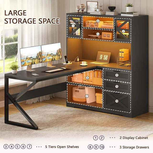 Alt view image 4 of 7 - 59" L Shaped Gaming Desk with Drawers, Outlet, LED Lights for Home Office, Corner Computer Desk with Storage Shelves, Bookshelf and Glass Cabinet for Home Office & Gaming, Black