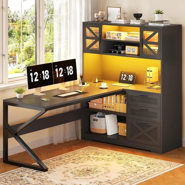 Main image of 59" L Shaped Gaming Desk with Drawers, Outlet, LED Lights for Home Office, Corner Computer Desk with Storage Shelves, Bookshelf and Glass Cabinet for Home Office & Gaming, Black
