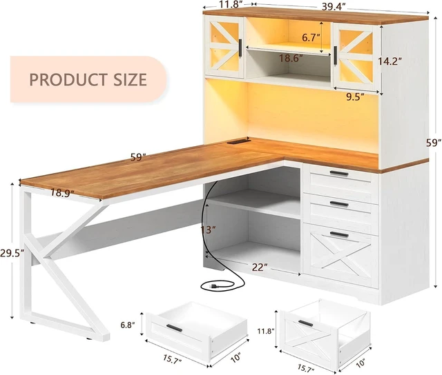 Alt view image 2 of 7 - 59" L Shaped Gaming Desk with Drawers, Outlet, LED Lights for Home Office, Corner Computer Desk with Storage Shelves, Bookshelf and Glass Cabinet for Home Office & Gaming, Brown/White