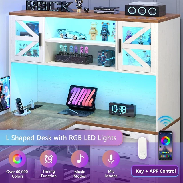 Alt view image 3 of 7 - 59" L Shaped Gaming Desk with Drawers, Outlet, LED Lights for Home Office, Corner Computer Desk with Storage Shelves, Bookshelf and Glass Cabinet for Home Office & Gaming, Brown/White