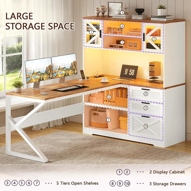 Alt view image 4 of 7 - 59" L Shaped Gaming Desk with Drawers, Outlet, LED Lights for Home Office, Corner Computer Desk with Storage Shelves, Bookshelf and Glass Cabinet for Home Office & Gaming, Brown/White