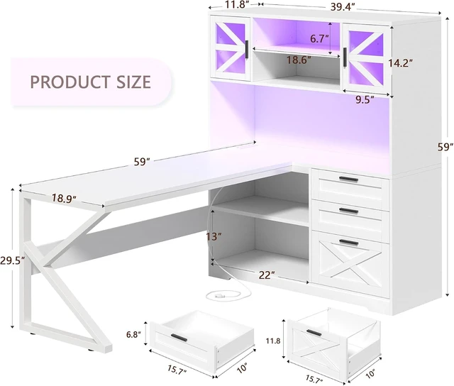 Alt view image 2 of 7 - 59" L Shaped Gaming Desk with Drawers, Outlet, LED Lights for Home Office, Corner Computer Desk with Storage Shelves, Bookshelf and Glass Cabinet for Home Office & Gaming, White