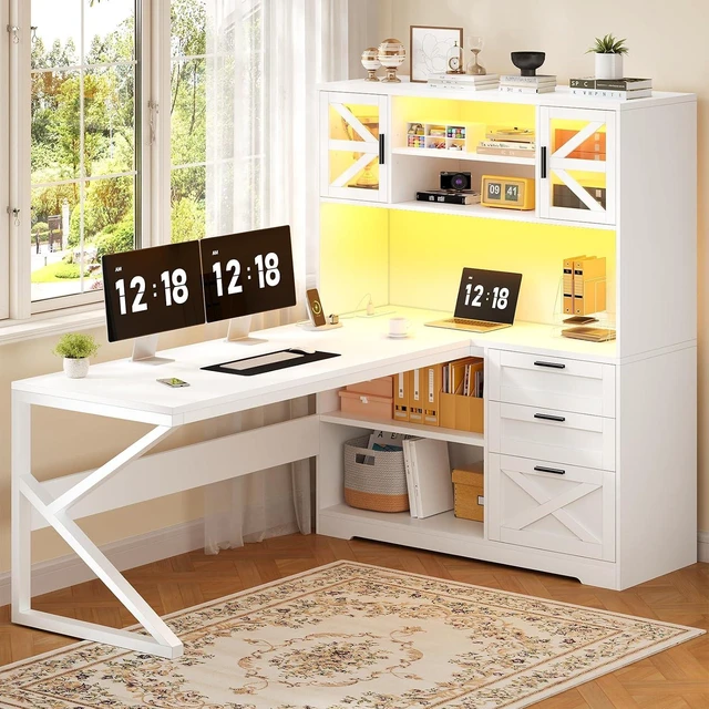 Main image of 59" L Shaped Gaming Desk with Drawers, Outlet, LED Lights for Home Office, Corner Computer Desk with Storage Shelves, Bookshelf and Glass Cabinet for Home Office & Gaming, White