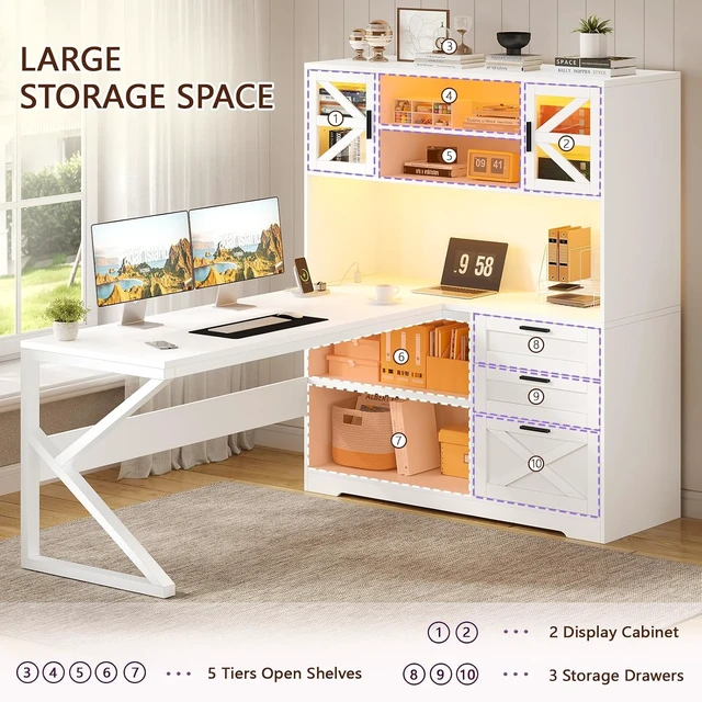 Alt view image 7 of 7 - 59" L Shaped Gaming Desk with Drawers, Outlet, LED Lights for Home Office, Corner Computer Desk with Storage Shelves, Bookshelf and Glass Cabinet for Home Office & Gaming, White