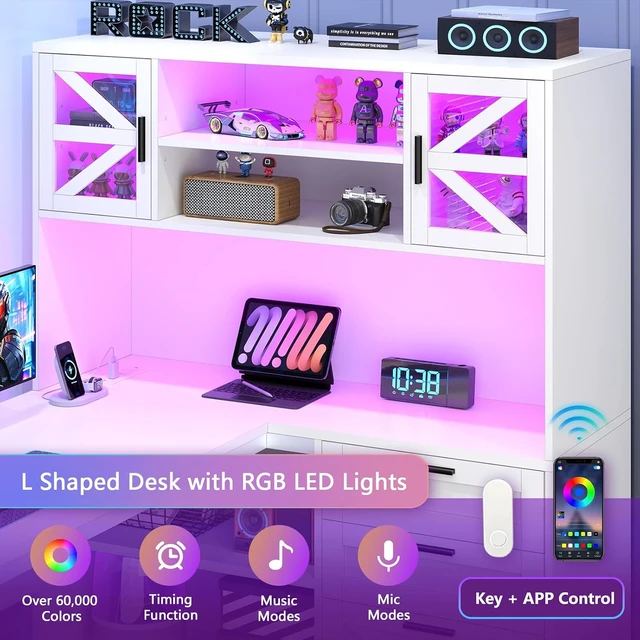 Alt view image 5 of 7 - 59" L Shaped Gaming Desk with Drawers, Outlet, LED Lights for Home Office, Corner Computer Desk with Storage Shelves, Bookshelf and Glass Cabinet for Home Office & Gaming, White