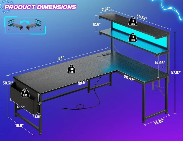 Alt view image 2 of 7 - 53" L Shaped Gaming Desk with No Side Bar Shelf for Small Space, Side-Bar-Free Open Side, Unobstructed Side Space,Tight Printer Placement Beside Desk, Maximizes Room Corner Storage Area,Black