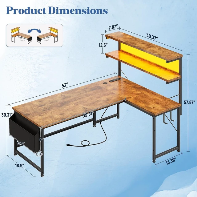 Alt view image 2 of 7 - 53" L Shaped Gaming Desk with No Side Bar Shelf for Small Space, Side-Bar-Free Open Side, Unobstructed Side Space,Tight Printer Placement Beside Desk, Maximizes Room Corner Storage Area, Brown