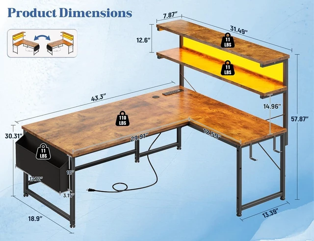 Alt view image 2 of 7 - 48" L Shaped Gaming Desk with No Side Bar Shelf for Small Space, Open-Side Storage Rack with Printer Space and Hooks, Neat Arrangement & High Space Utilization, Brown