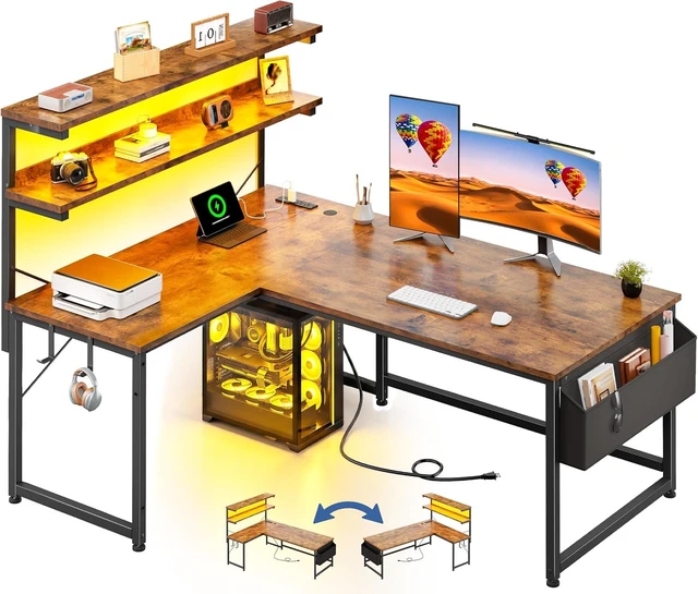 Main image of 48" L Shaped Gaming Desk with No Side Bar Shelf for Small Space, Open-Side Storage Rack with Printer Space and Hooks, Neat Arrangement & High Space Utilization, Brown