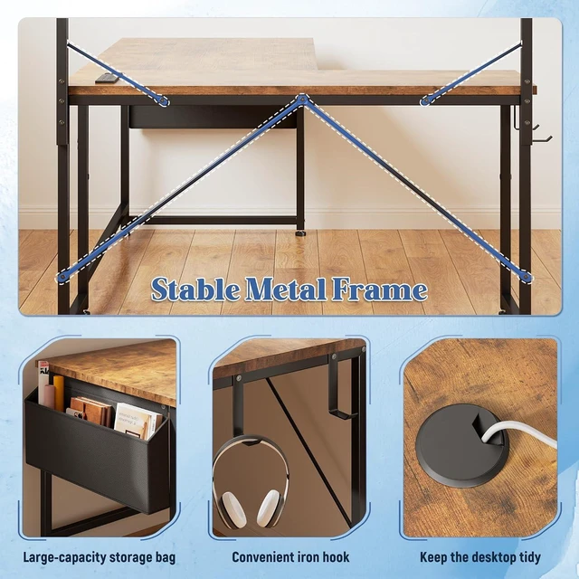 Alt view image 4 of 7 - 48" L Shaped Gaming Desk with No Side Bar Shelf for Small Space, Open-Side Storage Rack with Printer Space and Hooks, Neat Arrangement & High Space Utilization, Brown