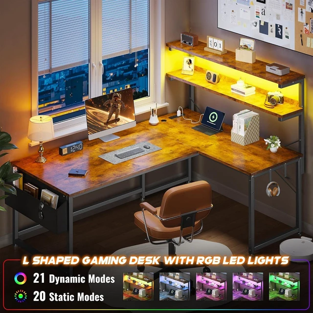 Alt view image 5 of 7 - 48" L Shaped Gaming Desk with No Side Bar Shelf for Small Space, Open-Side Storage Rack with Printer Space and Hooks, Neat Arrangement & High Space Utilization, Brown