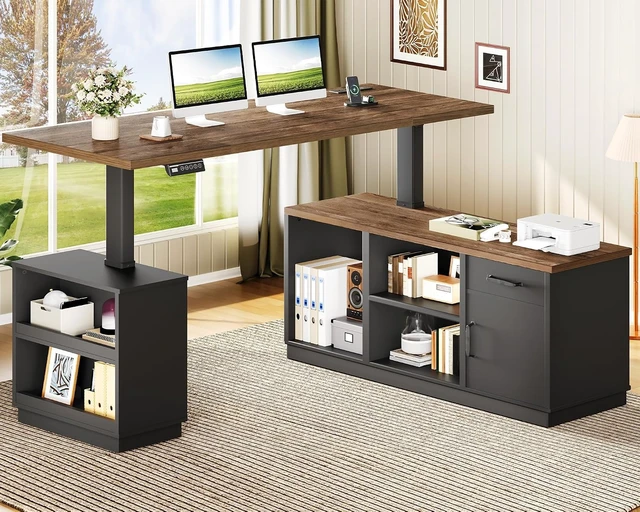 Main image of 63'' L Shaped Electric Standing Desk with Storage for Home Office, Height Adjustable Executive Desk, Farmhouse L Shaped Desk with Cabinet, Corner Computer Desk with Power Outlets, Black Walnut