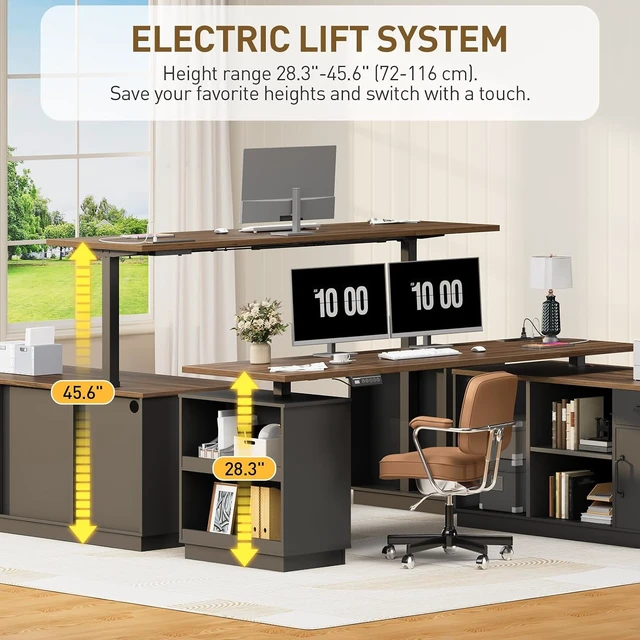 Alt view image 6 of 7 - 63'' L Shaped Electric Standing Desk with Storage for Home Office, Height Adjustable Executive Desk, Farmhouse L Shaped Desk with Cabinet, Corner Computer Desk with Power Outlets, Black Walnut