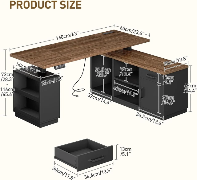 Alt view image 2 of 7 - 63'' L Shaped Electric Standing Desk with Storage for Home Office, Height Adjustable Executive Desk, Farmhouse L Shaped Desk with Cabinet, Corner Computer Desk with Power Outlets, Black Walnut