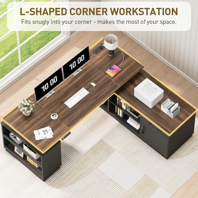 Alt view image 5 of 7 - 63'' L Shaped Electric Standing Desk with Storage for Home Office, Height Adjustable Executive Desk, Farmhouse L Shaped Desk with Cabinet, Corner Computer Desk with Power Outlets, Black Walnut