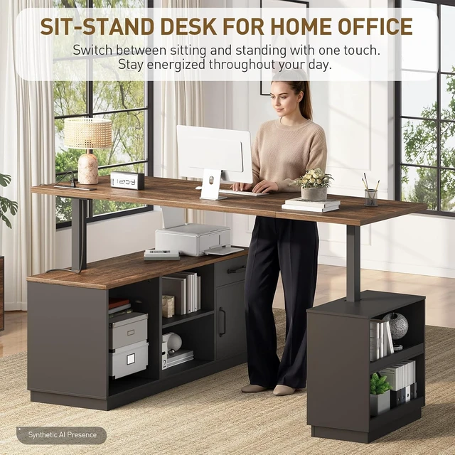 Alt view image 3 of 7 - 63'' L Shaped Electric Standing Desk with Storage for Home Office, Height Adjustable Executive Desk, Farmhouse L Shaped Desk with Cabinet, Corner Computer Desk with Power Outlets, Black Walnut