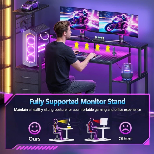 Alt view image 3 of 7 - 48" Gaming Desk with Power Outlet, LED, Carbon Fiber Black Finish, Reversible Computer Desk with Monitor Stand, CPU Stand & Drawers, Gamer Table with Side Hook for Gaming, Home Office, Bedroom