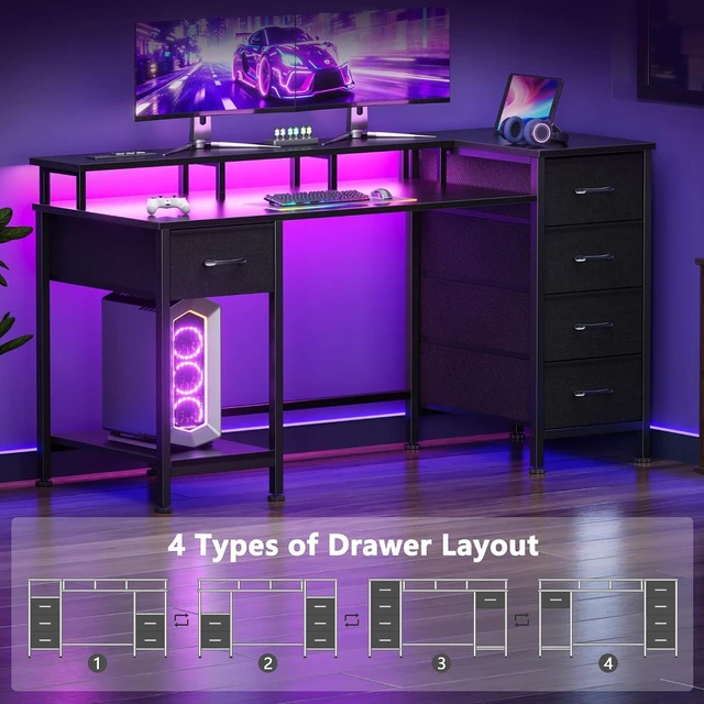 Alt view image 4 of 6 - 47 Inch Gaming Computer Desk with Power Outlets,LED,5 Drawers, Gaming desk with power outlets &LED lights,reversible design with 5 storage drawers,fits 47-inch, monitor stand,black