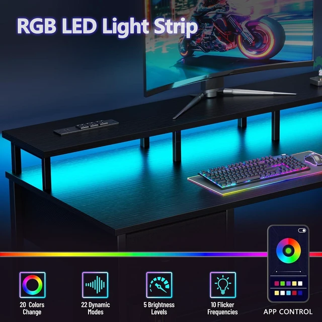 Alt view image 3 of 6 - 47 Inch Gaming Computer Desk with Power Outlets,LED,5 Drawers, Gaming desk with power outlets &LED lights,reversible design with 5 storage drawers,fits 47-inch, monitor stand,black