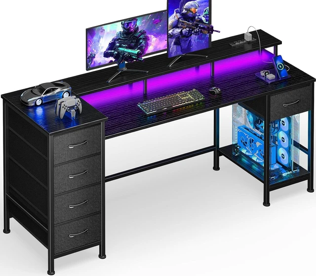 Main image of 55 Inch Gaming Computer Desk with Power Outlets,LED,5 Drawers, Gaming desk with power outlets &LED lights,reversible design with 5 storage drawers Black