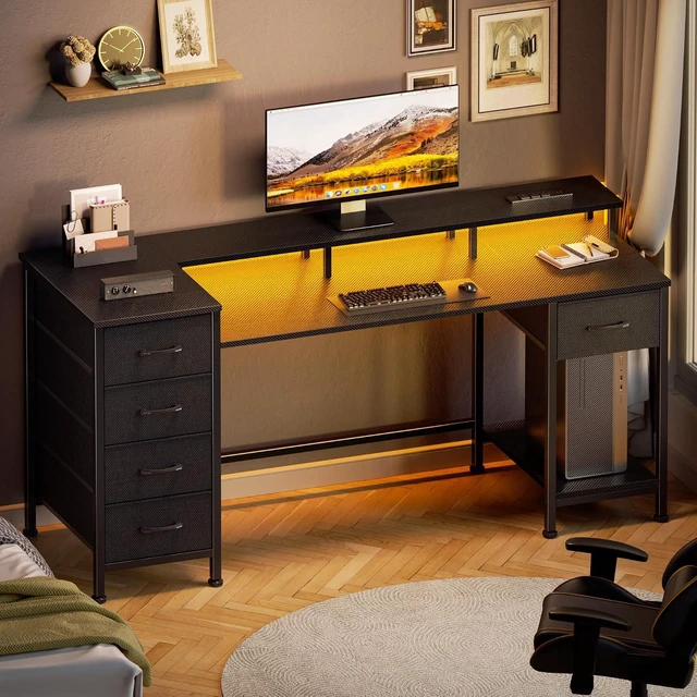 Alt view image 7 of 7 - 55 Inch Gaming Computer Desk with Power Outlets,LED,5 Drawers, Gaming desk with power outlets &LED lights,reversible design with 5 storage drawers Black