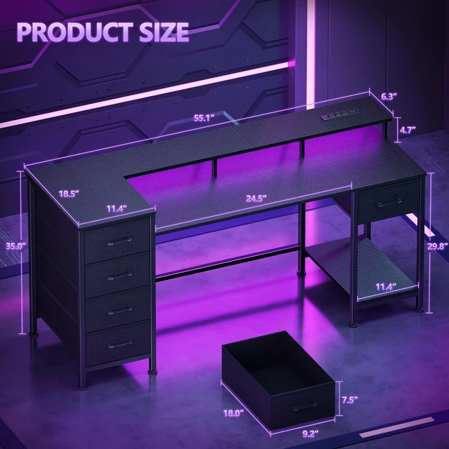 Alt view image 2 of 7 - 55 Inch Gaming Computer Desk with Power Outlets,LED,5 Drawers, Gaming desk with power outlets &LED lights,reversible design with 5 storage drawers Black